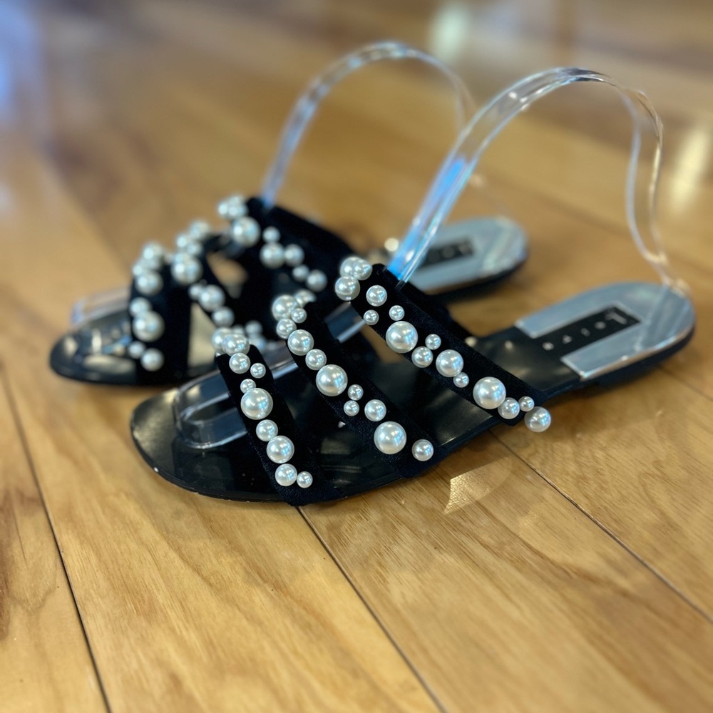 Leith Black Faux Pearl Embellished Slide Sandals Strappy Flat Shoes 6.5